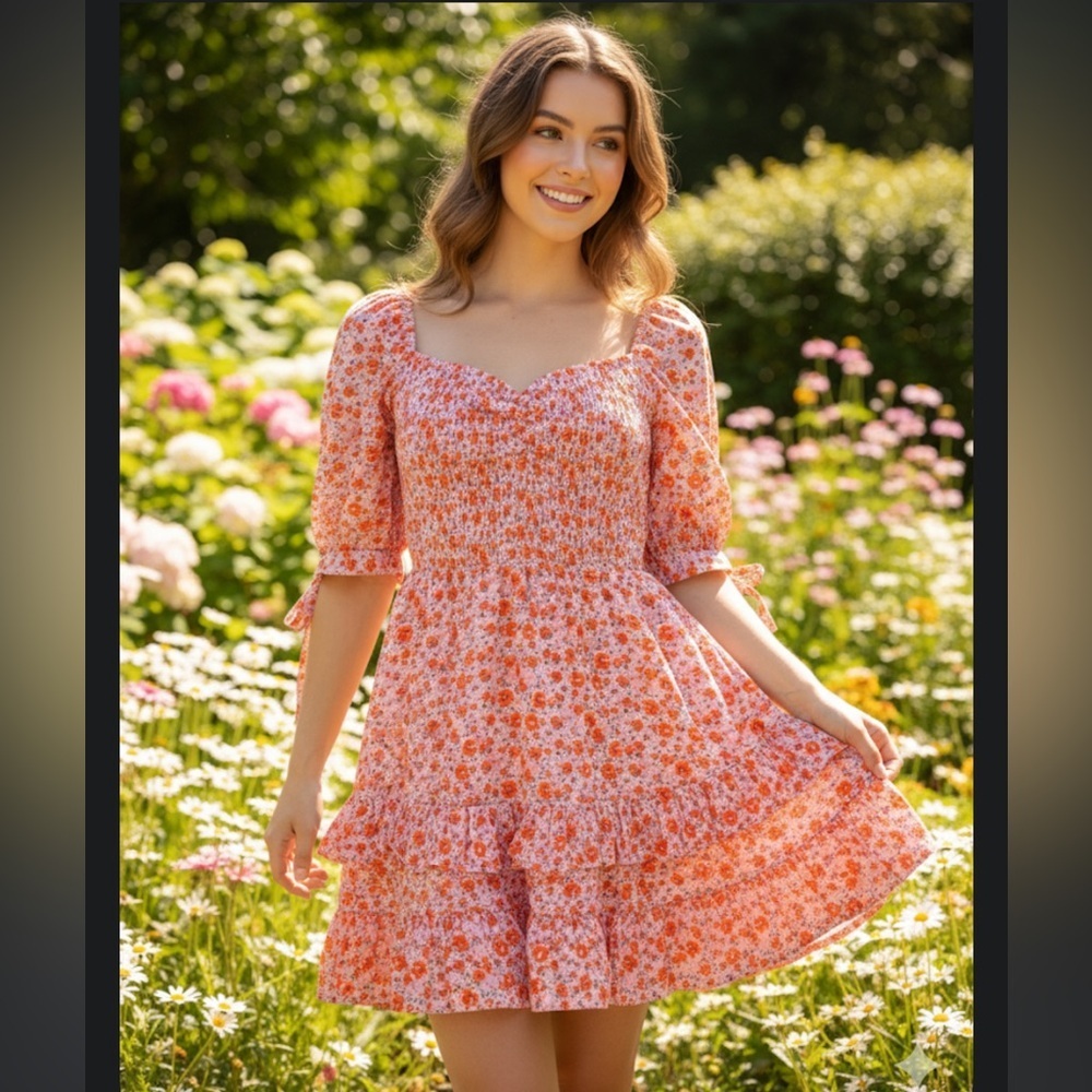 Lena Floral Smocked Tiered Mini Dress with Tie Sleeves size medium / small
